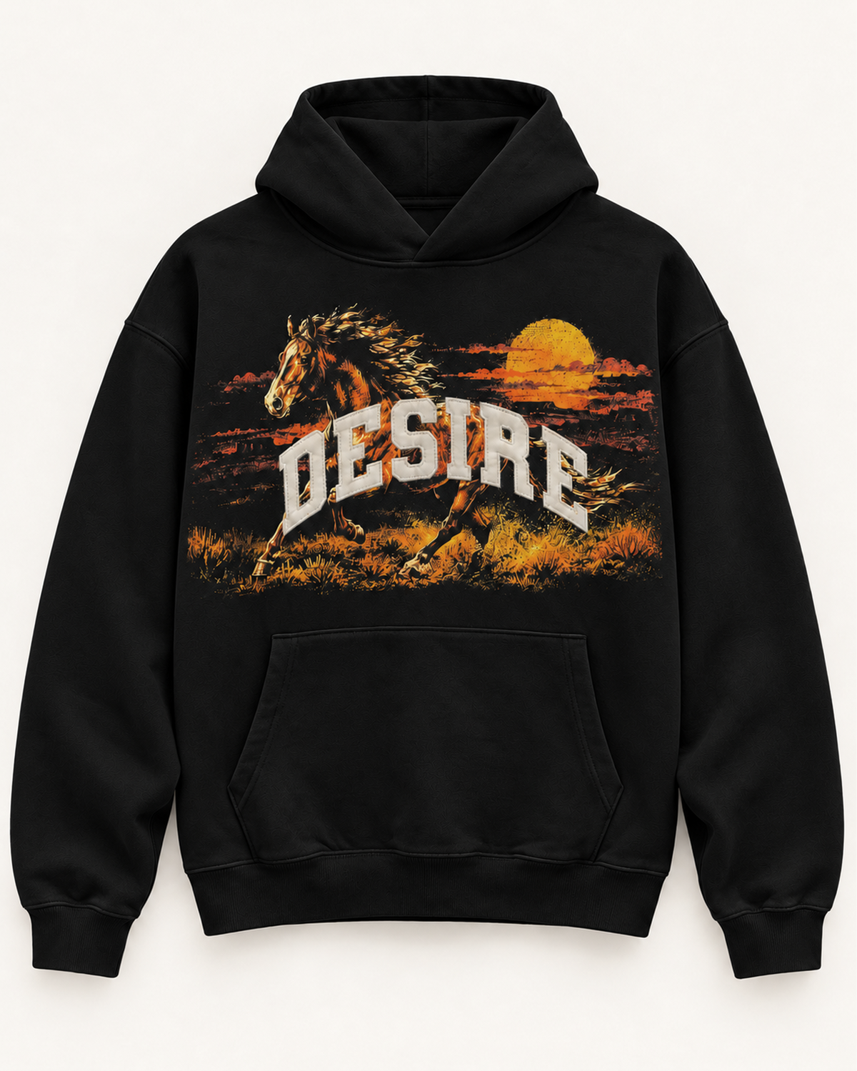 Renegade Appliqué Hoodie in black with a sunset horse print and reflective DESIRE twill lettering