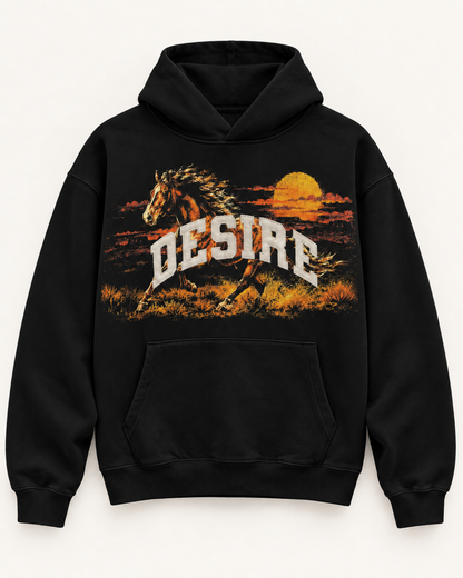 Renegade Appliqué Hoodie in black with a sunset horse print and reflective DESIRE twill lettering